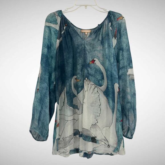 Cali Dreaming Rare‎ Swan Silk Cotton Blend Blouse Top Flowy Size Medium Boho - Picture 1 of 9